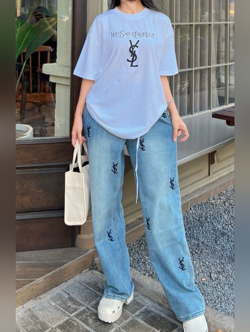 SALE🎉 2pcs White Logo Tee with Embroidered Light Blue Jeans Set